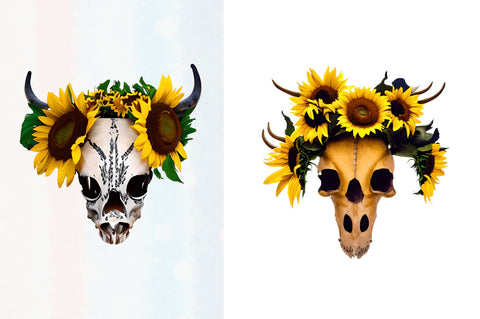watercolor Boho Sunflower Bull Skull Clipart Bundle Sublimation Regulrcrative 