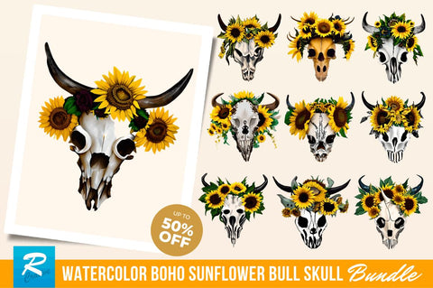 watercolor Boho Sunflower Bull Skull Clipart Bundle Sublimation Regulrcrative 
