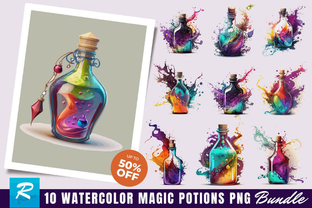 Watercolor Bottles with Magic Potions Clipart Bundle Sublimation Regulrcrative 