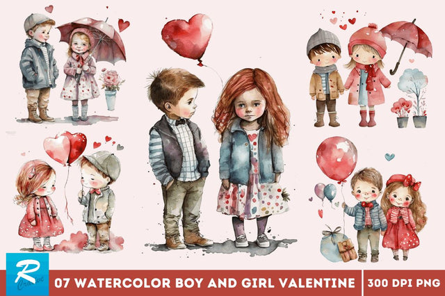 Watercolor Boy and Girl Valentine Clipart Bundle Sublimation Regulrcrative 