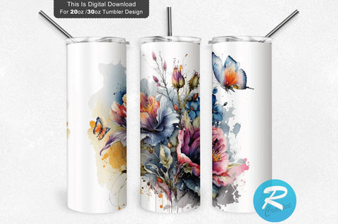 Watercolor Bright Colors Flowers 20 oz / 30 oz Tumbler PNG Sublimation Regulrcrative 