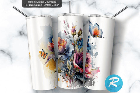 Watercolor Bright Colors Flowers 20 oz / 30 oz Tumbler PNG Sublimation Regulrcrative 
