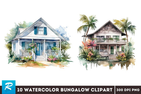 Watercolor Bungalow Clipart Bundle Sublimation Regulrcrative 