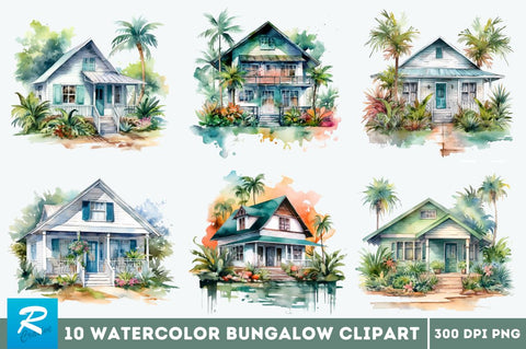 Watercolor Bungalow Clipart Bundle Sublimation Regulrcrative 