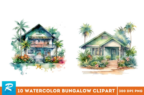 Watercolor Bungalow Clipart Bundle Sublimation Regulrcrative 