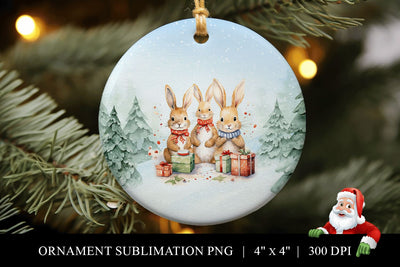 Watercolor Bunny Family Christmas Ornament Sublimation PNG Sublimation BijouBay 