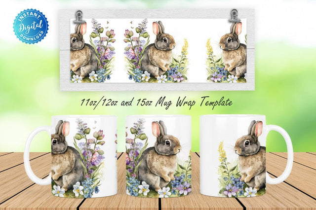 Watercolor Bunny Rabbit Spring Flowers 11, 12 & 15 Oz Mug Sublimation Sublimation Regulrcrative 