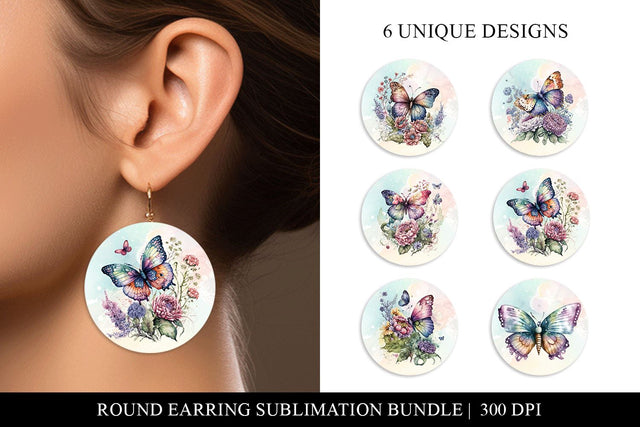 Watercolor Butterflies Round Earring Sublimation Designs Sublimation BijouBay 
