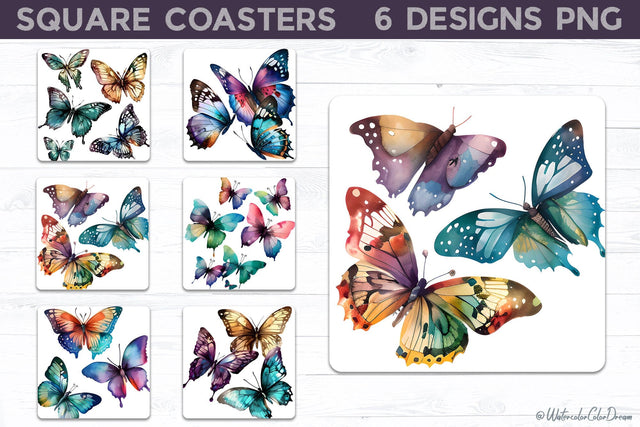Watercolor Butterflies Square Coasters Sublimation WatercolorColorDream 