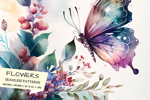 Watercolor butterfly Floral Background, background with butterfly, butterflies and flowers Digital Pattern FloridPrintables 