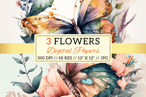 Watercolor butterfly Floral Background, butterflies and flowers Digital Pattern FloridPrintables 