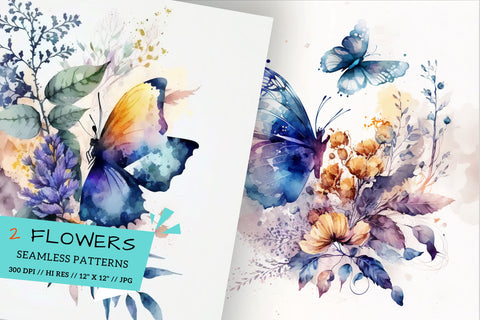 Watercolor butterfly Floral Background, watercolor painting of flowers Digital Pattern FloridPrintables 