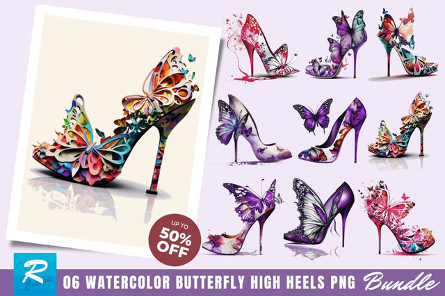 Watercolor Butterfly High Heels Clipart Bundle Sublimation Regulrcrative 