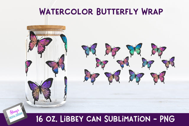 Watercolor Butterfly Libbey Can Glass Sublimation Wrap - 16 Sublimation Stacy's Digital Designs 