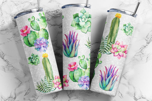 Watercolor Cactus 20oz Skinny Tumbler Sublimation or Waterslide, Succulents Tumbler Design Wraps Templates - PNG Digital Download Sublimation TumblersByPhill 