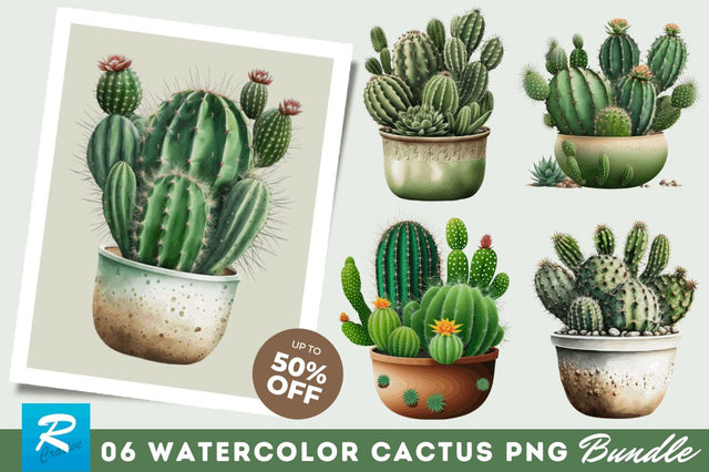 Watercolor Cactus Clipart Bundle Sublimation Regulrcrative 