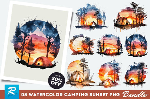 Watercolor Camping Sunset Clipart Bundle Sublimation Regulrcrative 