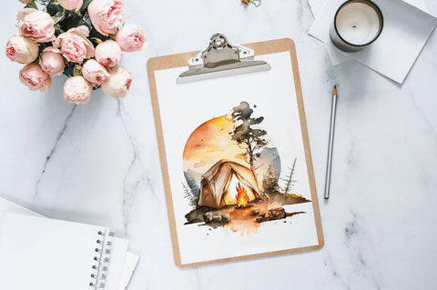 Watercolor Camping Sunset Clipart Bundle Sublimation Regulrcrative 