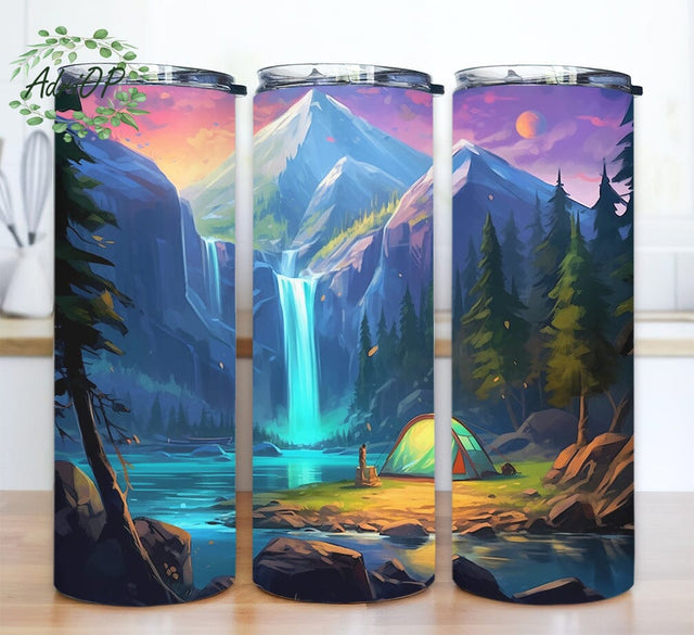 Watercolor Camping Tent with Spring Flowers 20oz Skinny Tumbler Png, Camping Flowers Tumbler, Mountains And Lake Tumbler, Camping Floral Tumbler Sublimation AdriOP 