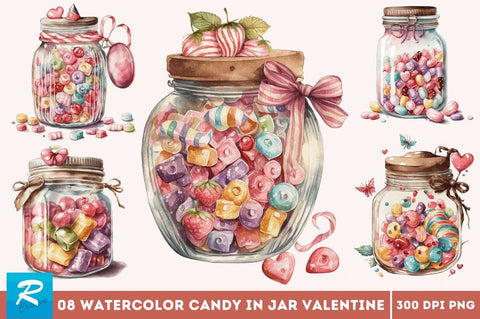 Watercolor Candy in Jar Valentine Day Clipart Bundle Sublimation Regulrcrative 