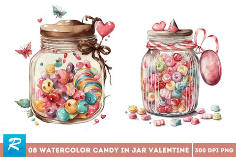 Watercolor Candy in Jar Valentine Day Clipart Bundle Sublimation Regulrcrative 
