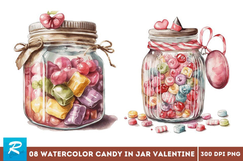 Watercolor Candy in Jar Valentine Day Clipart Bundle Sublimation Regulrcrative 
