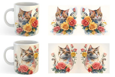 Watercolor Cat Flower Mug Wrap | Sublimation Coffee Cup Sublimation artnoy 