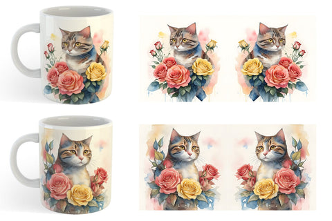 Watercolor Cat Flower Mug Wrap | Sublimation Coffee Cup Sublimation artnoy 