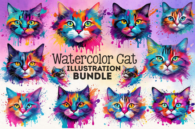 Watercolor Cat Illustration Bundle Sublimation Rupkotha 