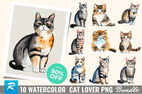 Watercolor Cat Lover Clipart Bundle Sublimation Regulrcrative 