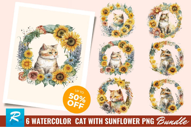 Watercolor Cat With Sunflower Bundle Sublimation Regulrcrative 