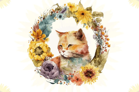 Watercolor Cat With Sunflower Bundle Sublimation Regulrcrative 