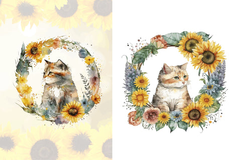 Watercolor Cat With Sunflower Bundle Sublimation Regulrcrative 