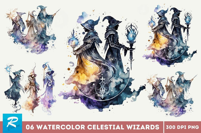 Watercolor Celestial Wizards Clipart Bundle Sublimation Regulrcrative 