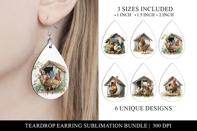 Watercolor Chickens Teardrop Earring Sublimation Designs Sublimation BijouBay 