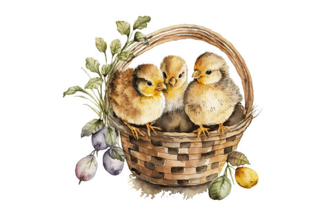 Watercolor Chicks in a Basket Clipart Bundle Sublimation Regulrcrative 