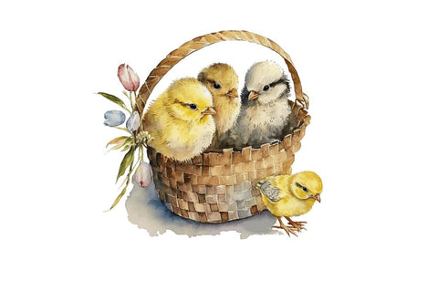 Watercolor Chicks in a Basket Clipart Bundle Sublimation Regulrcrative 