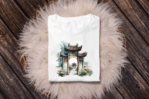 Watercolor Chinese Gate Clipart Bundle Sublimation Regulrcrative 
