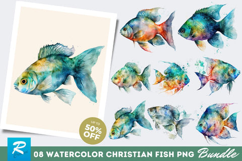 Watercolor Christian Fish Clipart Bundle Sublimation Regulrcrative 