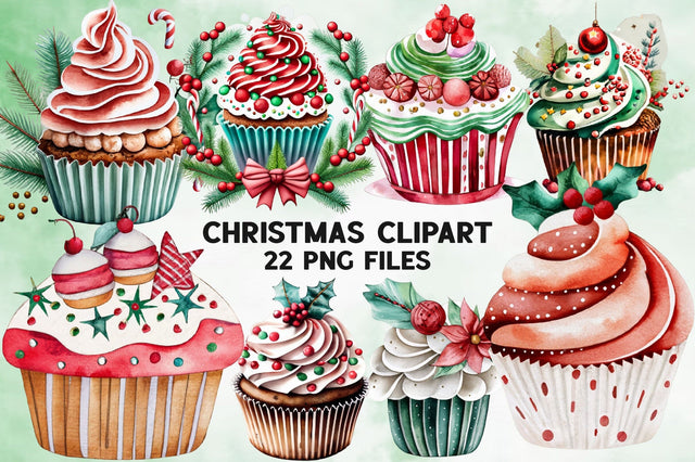 Watercolor Christmas Cupcake Clipart Sublimation Rupkotha 