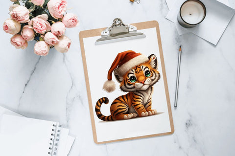 Watercolor Christmas Cute Tiger Clipart Bundle Sublimation Regulrcrative 