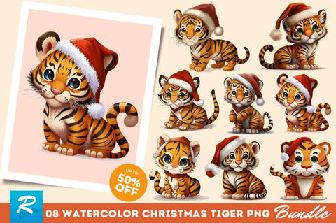 Watercolor Christmas Cute Tiger Clipart Bundle Sublimation Regulrcrative 