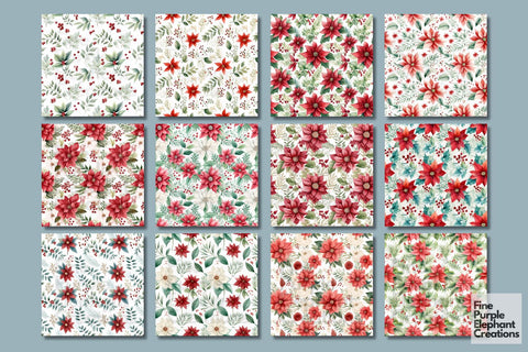 Watercolor Christmas Flowers Digital Pattern Fine Purple Elephant Creations 