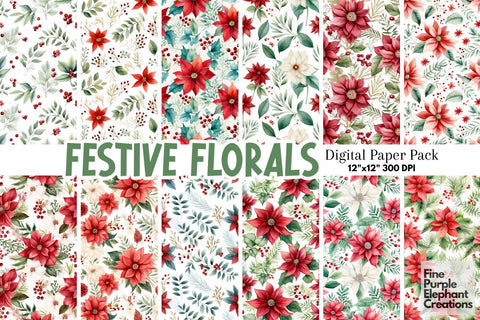 Watercolor Christmas Flowers Digital Pattern Fine Purple Elephant Creations 
