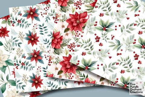 Watercolor Christmas Flowers Digital Pattern Fine Purple Elephant Creations 