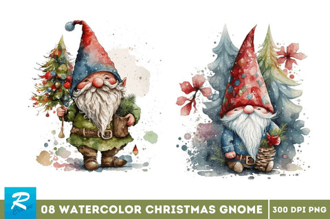 Watercolor Christmas Gnome Clipart Bundle Sublimation Regulrcrative 