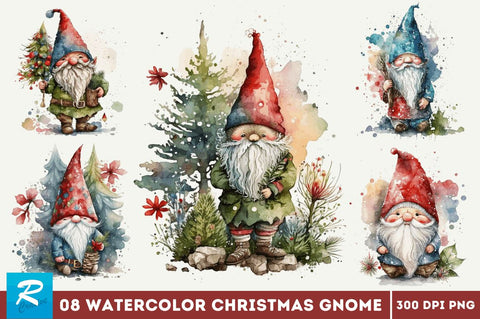 Watercolor Christmas Gnome Clipart Bundle Sublimation Regulrcrative 