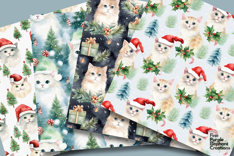 Watercolor Christmas Holiday Cats Digital Pattern Fine Purple Elephant Creations 