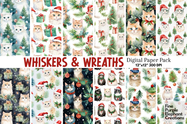 Watercolor Christmas Holiday Cats Digital Pattern Fine Purple Elephant Creations 