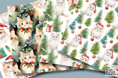 Watercolor Christmas Holiday Cats Digital Pattern Fine Purple Elephant Creations 